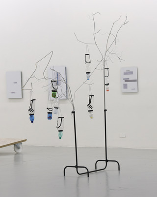 installation view: "community, create, tree", Freiburger Kunstverein, 2017, metal, plastic, tape, findings